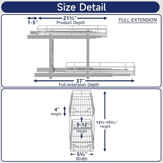 2-Tier Pull Out Cabinet Organizer, 5.5" W x 21.5" D, Heavy Duty Dual Slide Out Shelves for Narrow Base Cabinets, Chrome Wire Basket Drawer for Spices, Bottles & Snacks
