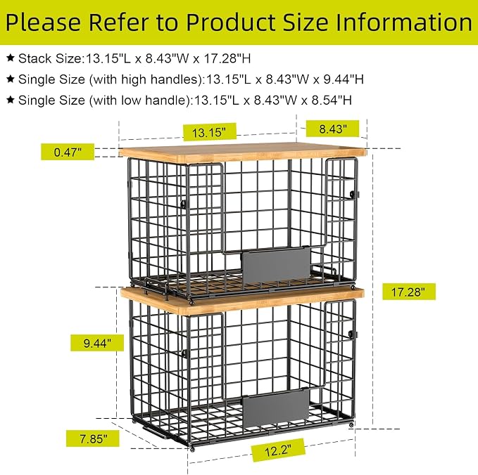2-Pack Stackable Wire Baskets with 2 Pads & Bamboo Top, Pantry Organizer | Potato and Onion Storage Bin with Labels, Organize Produce/Fruit/Vegetable on Kitchen Counter, Cabinet or Under Sink, XL