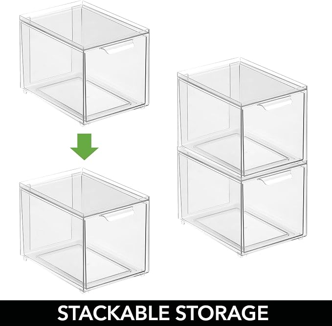 mDesign Shoe Storage Box with Drawer – Sturdy Plastic Storage Box for Shoes – Stackable Drawer Box for Shoes, Accessories and More – Pack of 4 – Clear