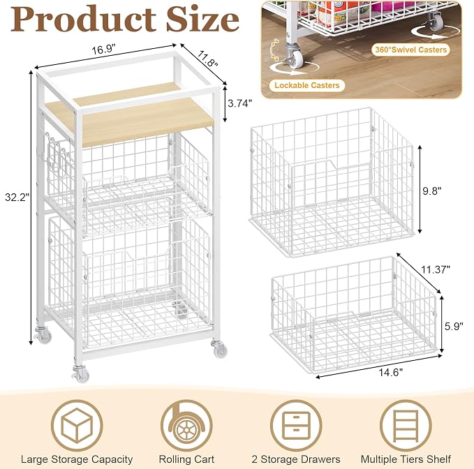 Hongtamoya 3 Tier Laundry Room Cart with Pull-Out Baskets, Storage Cart with Wheels, Rolling Cart with Wood Top Metal Bathroom Laundry Room Organization Mobile Shelf Unit Organizer Trolley, White