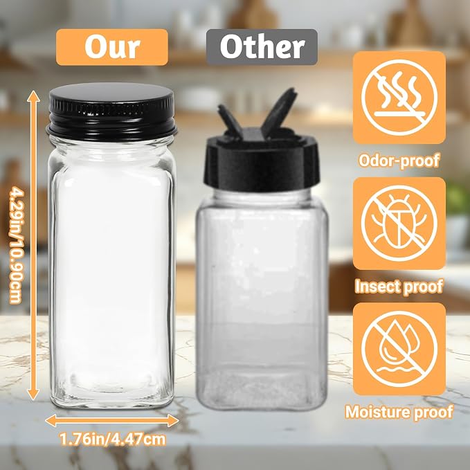 24 Pack Glass Spice Jars with Labels, 4oz Spice Containers with Black Lids | Includes 249 Labels, Metal Funnel, Extra Shaker Lids & Stirring Stick for Kitchen Seasoning Organization