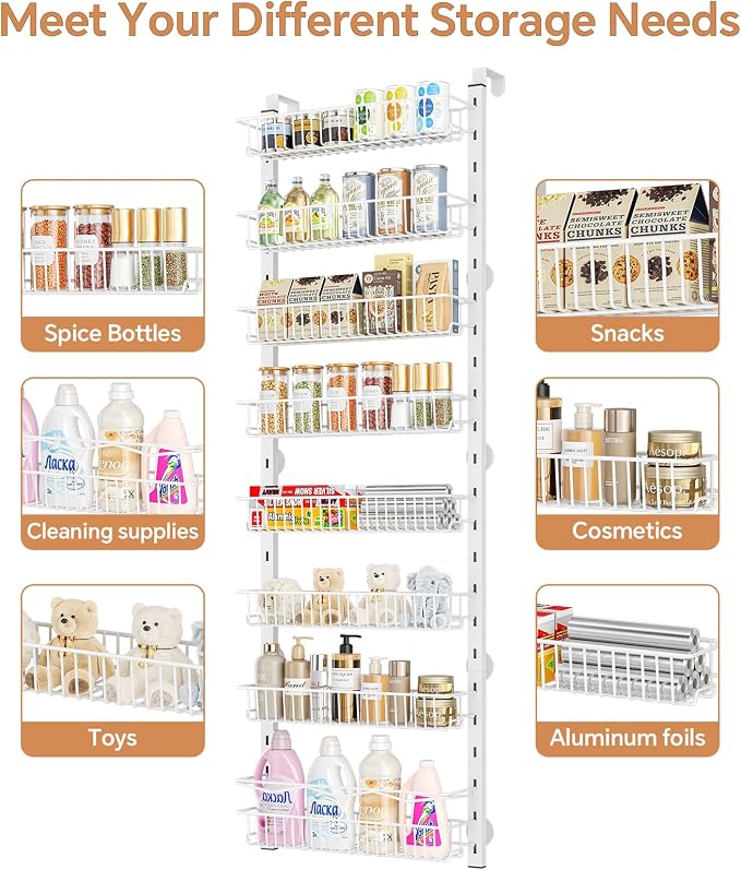 MIAOLI Over the Door Pantry Organizer, 8-Tier Adjustable Spice Rack Cabinet Door Shelves, Hanging Seasoning Organizer for Kitchen Bathroom, Laundry Room Organization, White