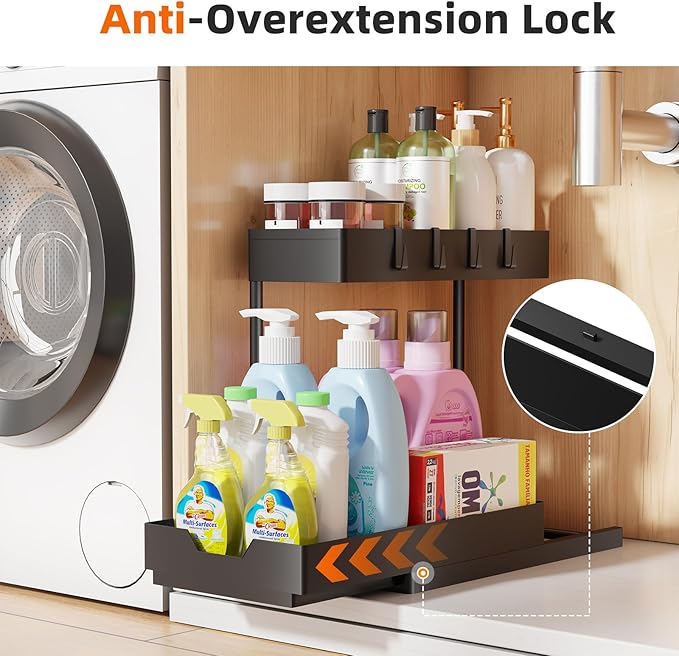 Simple Trending Multi-Purpose Pull-Out Storage Organizers, 2 Tier Under Sink Organizer, Stackable Cabinet Drawers Bins for Kitchen, Bathroom, Closet, Black, 2 Packs