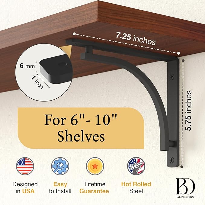 Classic Black Heavy Duty Shelf Brackets 8 inch by Balin Designs – L Bracket, Wall Mounted Support, Shelving Metal Bracket, Decorative Shelf Brackets, with Hardware Included, Set of 4