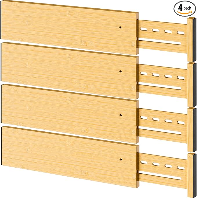 Bamboo Drawer Dividers, 4" High Drawer Organizers for Clothes/Utensils | 16.5-21.8" Expandable Wooden Drawer Separators for Dresser, Kitchen, Bathroom, Nursery, Office Organization & Storage, 4 Pack