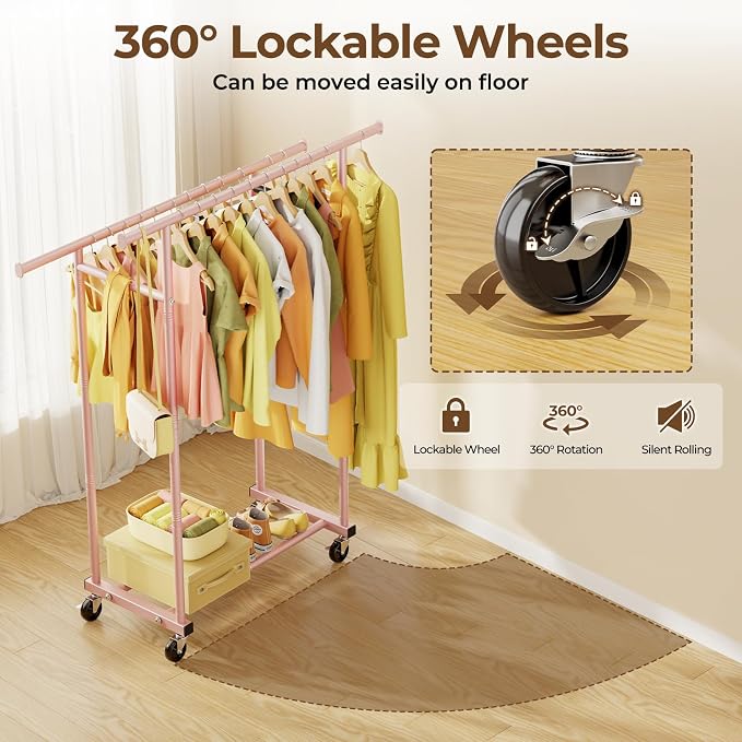 HYSEYY Double Rods Clothes Rack, Sturdy Rolling Clothing Rack, Portable Clothing Racks for Hanging Clothes - Metal Garment Rack Wardrobe Coat Rack for Bedroom Laundry Living Room, Pink