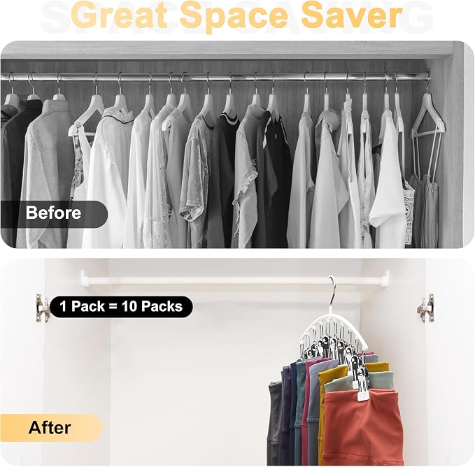 Legging Organizer for Closet, Metal Yoga Pants Hanger w/Rubber Coated 1 Pack w/10 Clips Hold 10 Leggings, Hangers Space Saving Hanging Closet Organizer for Closet Organizers and Storage-White