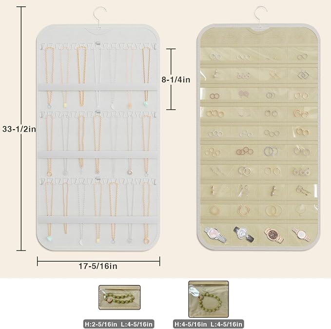 Hanging Jewelry Organizer for Necklaces Earrings, 1-Pack White and Beige | Foldable Double-Sided 36 hooks & 40 clear pockets; swivel hook fits walls, doors & rods for earrings, bracelets, rings