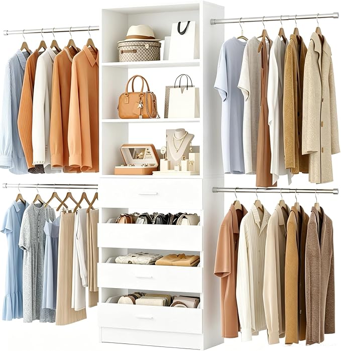 Aheaplus Closet System with 4 Drawers, 3.4-7FT Small Wood Closet Organizer System, Walk-in Closet Wardrobe with Tower and 4 Hang Rods, Built In Closet Insert System, Fits Spaces 4ft, 5ft,6ft,7ft,White