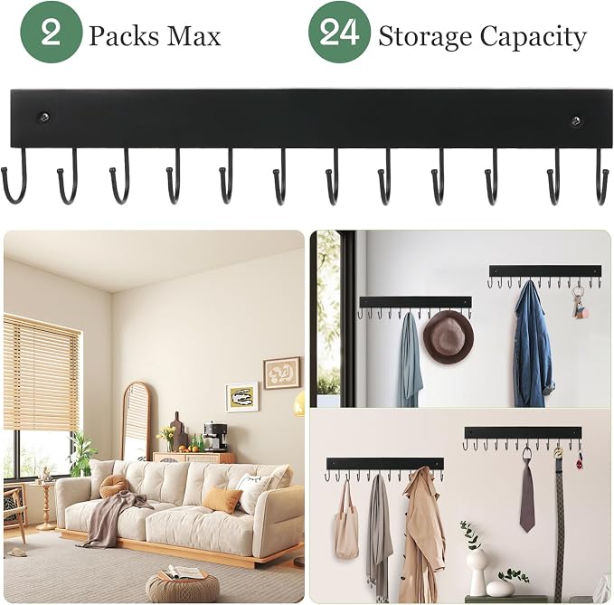 2 Pack Purse Organizer Wall Mount with 24 Rotating 180° Coat Rack, 14.6" Wooden Entryway Purse Holder, Wall Hooks for Hanging Belts, Ties, Keys, Scarf, Bras, Bag, Space Saving Hanger (Black)