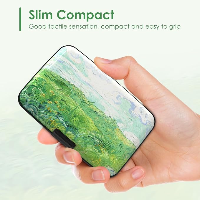 Mini RFID Credit Card Holder for Women Men, Slim Business Metal Hard Card Case, Cute Aluminum Travel Card Wallet ID Case, Green Wheat Field