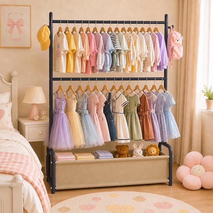 Kids Clothing Rack with Double Rod, Storage Basket & Hooks, Height Adjustable Kids Clothes Rack, Portable Baby Dress Up Garment Rack for Princess Dresses, Black