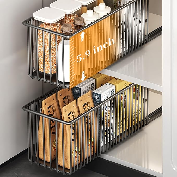 Pull Out Cabinet Organizer 2 Pack, Black Metal Storage Basket for Kitchen Cabinet, Bathroom, Under Sink, Self Adhesive Slide Out Pantry Shelves Drawer Storage, 15.8" LX 5.9" WX5.9 H