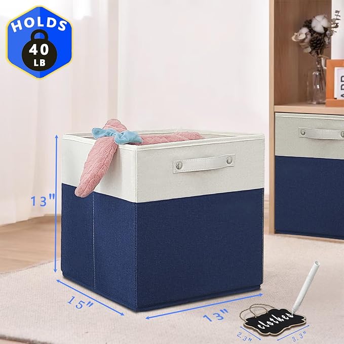 13x15x13 storage cube bins,Set of 4 Collapsible Fabric Storage Cubes with Labels,Linen Cube Storage Organizer Bins Kallax Storage Cubes for Organizing Home,Shelves,Cabinet,Clothes(White Blue).