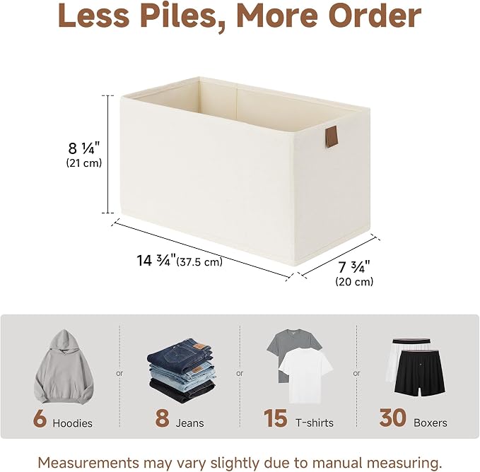 StorageWorks Small Storage Bins, Fabric Storage Bins, Narrow Baskets for Shelves with PU Handle, Perfect for Clothes, Towels, and Light Blankets, Beige, 4-Pack