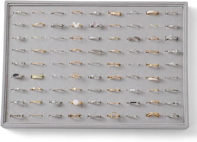 Large Jewelry Organizer for Drawer Insert Velvet Stackable Jewelry Trays for Earring Necklace Bracelet Ring Display (Gray, Ring 81 Slots)