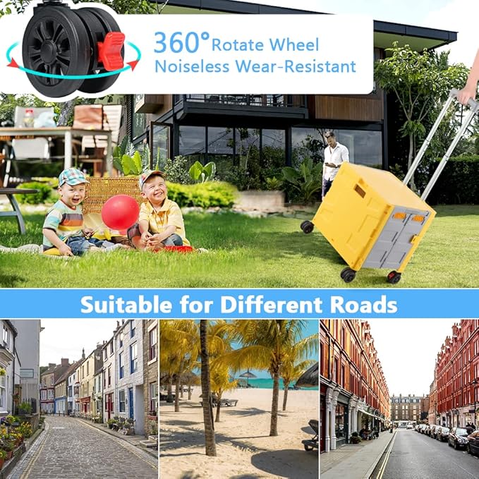 Foldable Shopping Utility Cart Portable Rolling Crate Handcart with 360°Rotate Wheel,Hidden Lid,Telescoping Handle Collapsible for Travel Shopping Moving Storage Office Use(Yellow/Gray)