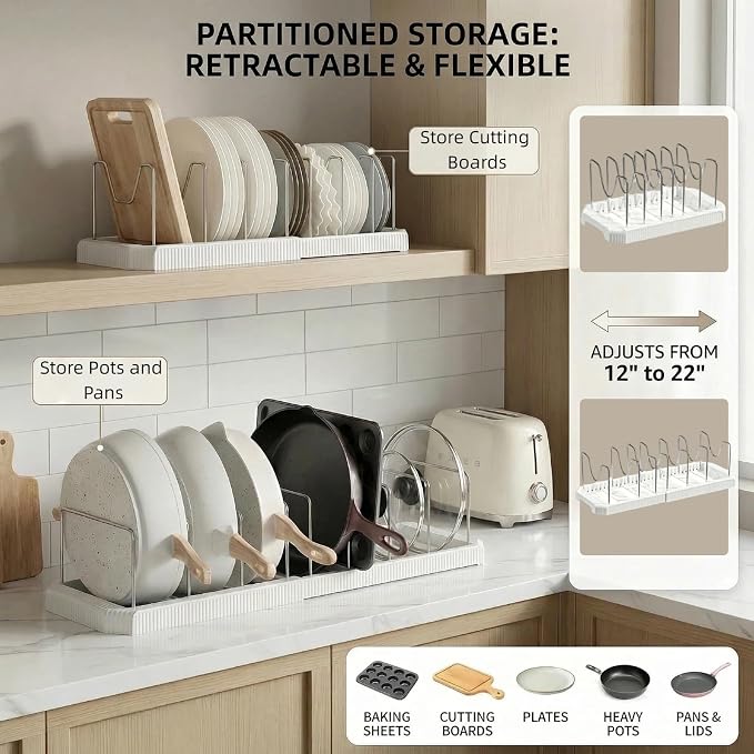 Expandable Pot and Pan Organizer for Under Cabinet, 12.9-22 Inch Adjustable Lid Kitchen Cabinet Organizer Holder with 7 Stainless Dividers, Cabinet Storage Holder for Lids Bakeware Cutting Boards