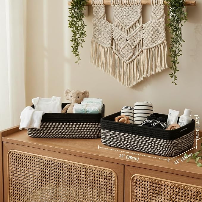 Large Shallow Basket, 15"x11"x5.1", Baskets for Organizing 3 Pack | Black Baskets for Organizing, Woven Storage Baskets for Shelves, Living Room, Nursery, Bathroom, Storage Basket Organizer