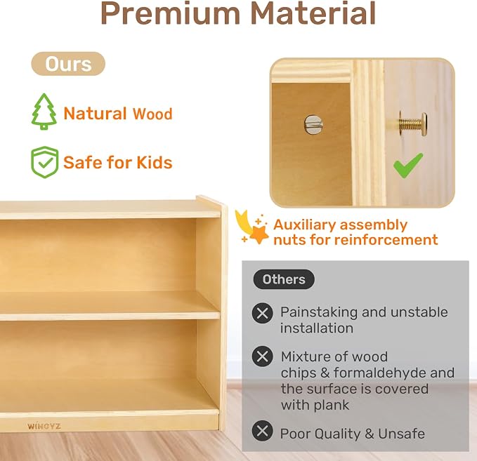 WINGYZ Wooden Storage Cabinet, 2-Tier Kids Toy Storage Organizer, Spacious Montessori Kids Bookshelf, Toy Shelf Storage Organizer for Playroom Classroom Nursery Study Room Living Room