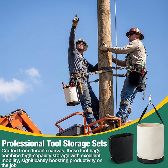 2 Pcs Lineman Canvas Tool Bucket Set Heavy Duty Canvas Bucket and Black Nut Bolt Bag Electrician Aerial Work Tool Organizer for Roofers, Solar Installers, Construction Workers