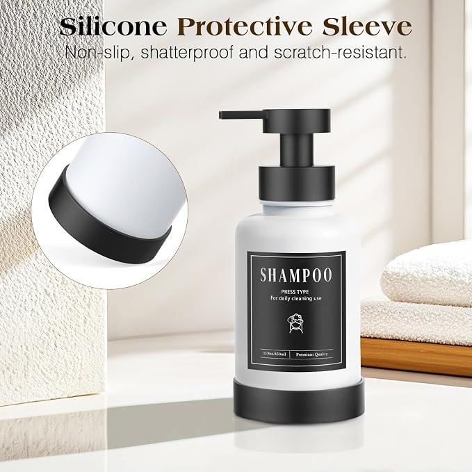 Luxspire Foaming Soap Dispenser, Glass Foam Pump Soap Dispenser, Non-Slip Hand Soap Bottle with 5 Waterproof Labels, 15 Oz Refillable Liquid Soap Bottle for Bathroom & Kitchen, White, 2 Pack