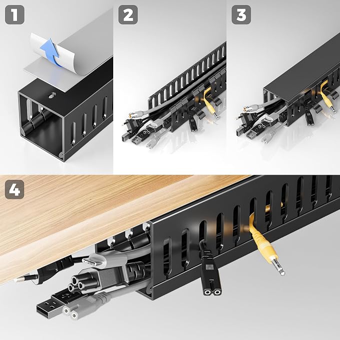 Yecaye 62.8in(4x15.7in) No-Drill Large Cable Management, Under Desk Cord Organizer with Adhesive, Open Slot Cable Raceway for Home/Office/Network, Black
