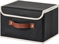 Storage Bins Box with Lids Decorative PU Leather Fabric Baskets Cubes with Handles PP Plastic Board Foldable Washable Lidded Clothing Shelf Closet Organizer Container (Black, Small)