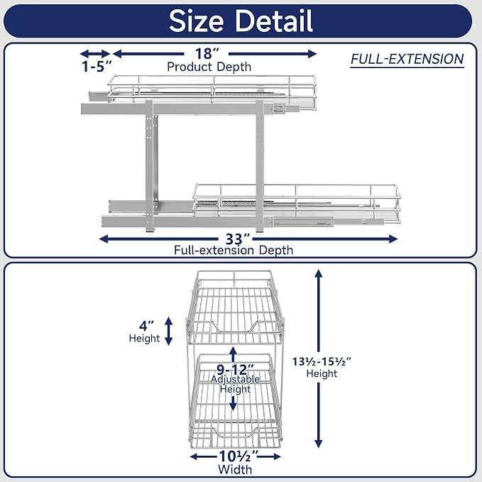 2-Tier Pull Out Cabinet Organizer, 10.5" W x 18" D, Heavy Duty Dual Slide Out Shelves for Narrow Base Cabinets, Chrome Wire Basket Drawer for Spices, Bottles & Snacks