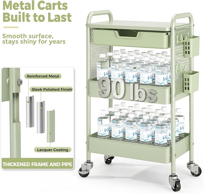Rolling cart with Drawers - 3 Tier Metal Multifunctional Storage Organizors on Wheels with Tabletop, Hooks & Basket, Sturdy Craft & Art Cart for Bathroom, Bedroom, Children Room, Green