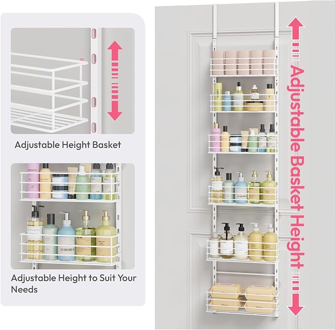 SWTYMIKI Over The Door Organizer - Door Organizer Hanging with 6 Adjustable Metal Large Capacity Basket, Wall Mounted Shelf for Bedroom Closet Bathroom Laundry Pantry Cabinet Kitchen(White)