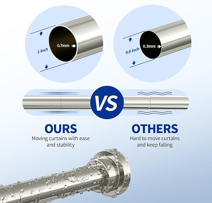 Mcrbeay Shower Curtain Rod, 1" Diameter Heavy Duty Tension Shower Rod, Non Slip Adjustable 28-74 inch No Drill Shower Curtain Rods Spring Tension For Bathroom, Shower Stall, No Rust, Brushed Nickel