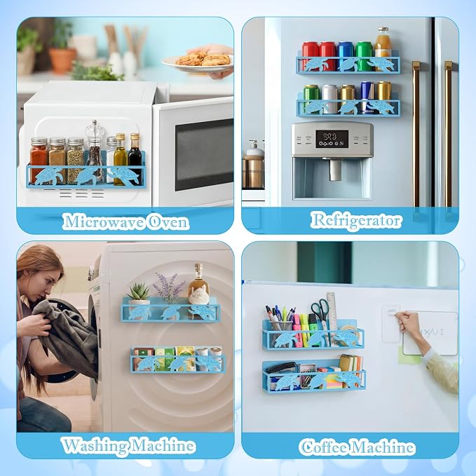 Beeveer 2 Pack Sea Turtle Magnetic Spice Rack Blue Metal Fridge Magnet Storage Basket for Refrigerator Condiment Seasoning Bottles, Coastal Kitchen Organizer Home Decor Accessories