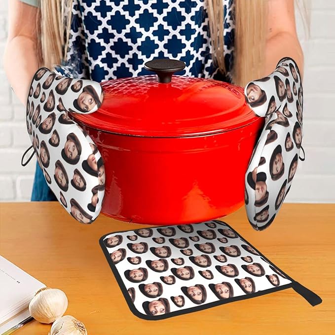 Custom Oven Mitts and Pot Holders Personalized with Your Face, Baking Gifts for Women for Kitchen Cooking, BBQ, Grillin-Style2, 2 Oven Mitts+ 1 Pot Holders