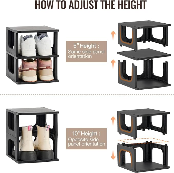 TRZZ 8-Tier Shoe Rack, Narrow Stackable Organizer, Black | Removable Partition, Vertical Efficient Shoe Storage, for Closet, Entryway, Small Spaces