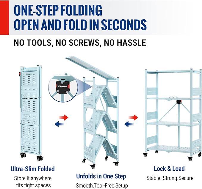 WORKPRO 4-Tier Folding Shelf, No-Assembly Metal Storage Rack with Wheels, 600 lbs Capacity (with Leveling Feet), Collapsible Shelving Unit for Kitchen, Pantry, Closet & Craft Shows - Blue