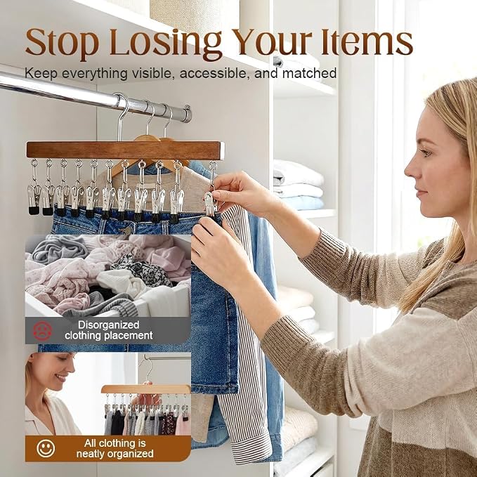 10/12-Clip Wooden Hanging Organizer, Sturdy Rack for Pants, Leggings, Socks, Hats, Scarves, Multi-Purpose Closet Storage for Home Use (2, Retro 12clip)
