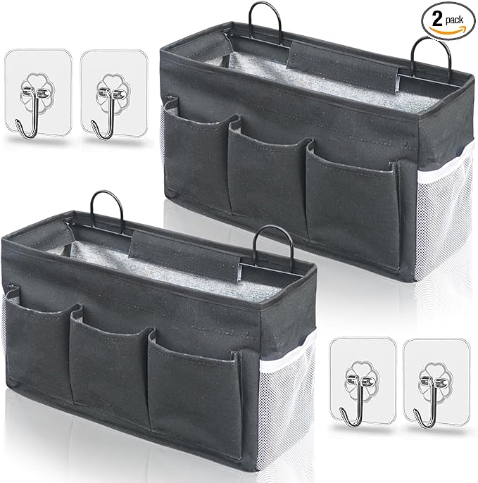 Kanrichu 2pcs 3-pockets Large Wall Hanging Organizer Bag, Linen Fabric Door Hanging Storage Baskets with Pockets, Waterproof Bin for Kitchen, Bedroom, Office, RV Camper (Black-2pcs)