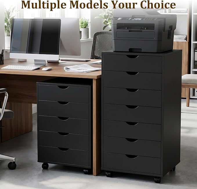 7 Drawer Office Storage Cabinet, Rolling File Cabinet for Office, Black | Office Storage Cabinet with 7 Drawers, Rolling File Cabinet with Wheels for Home Office, Desk Storage and Printer Stand