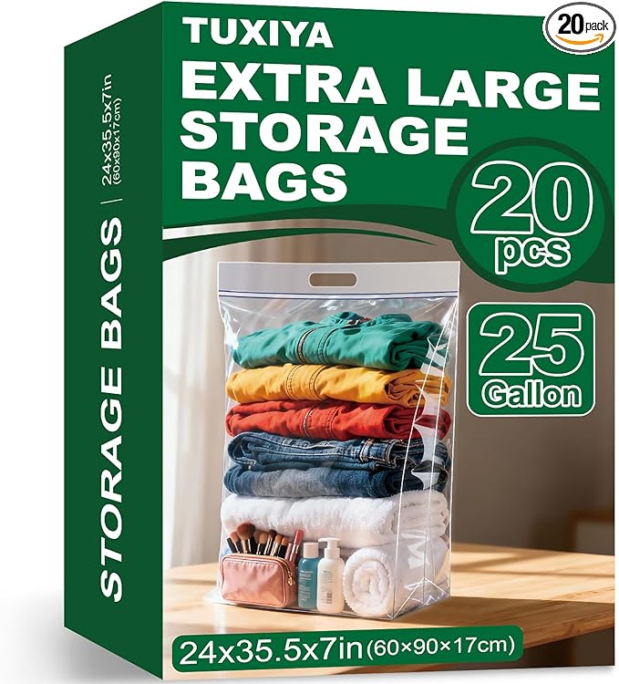 20 PACK 25 Gallon Extra Large Storage Bags, 35.5"x 24"x 7" Resealable Clear Zipper Bags with Handle, Heavy Duty Big Bag for Clothes Pillow Travel Moving, Expandable Bottom, 8 Mil Thick