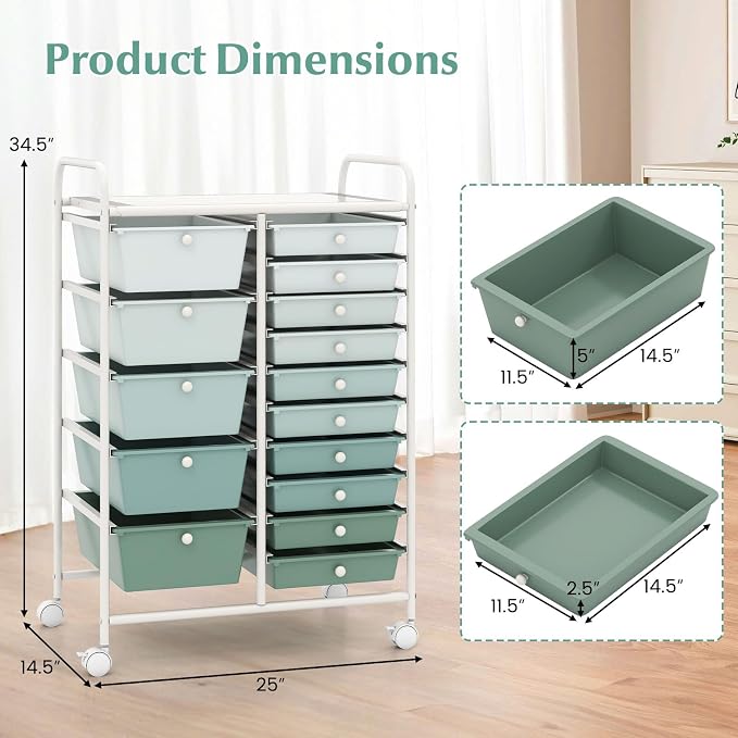 COSTWAY 15 Drawer Rolling Storage Cart, Mobile Storage Organizer | Removable Drawers & Metal Frame, Multipurpose Utility Tools Paper Organizer on Wheels for Home, Office (Green Gradient)