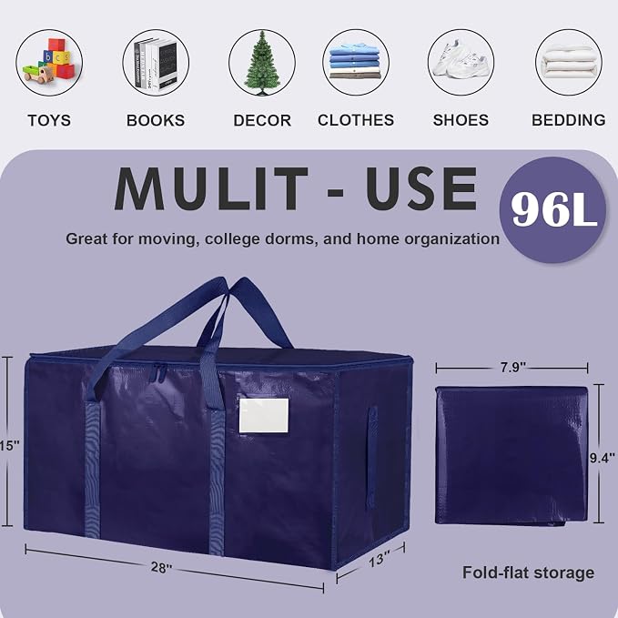 12 Pack-Extra Large Heavy Duty Moving Bags - Waterproof Storage Totes with Handles & Zippers, Foldable for College Dorm, Storage (Dark Blue)