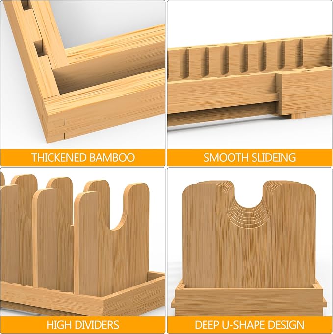 Pots and Pans Organizer Under Cabinet,Bamboo Pot Lid Organizer | Expandable Pan Organizer, Pot and Pan Organizer Rack for Kitchen Countertop or inside Cabinet