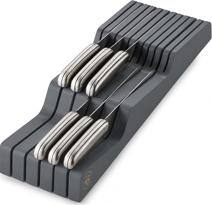 Grey Knife Drawer Organizer - In Drawer Knife Block with 16 Knife Slots, Bamboo Knife Holder Insert, Safe Blade Down Knife Storage Tray for Kitchen Drawers, Cutlery Utensil Holder, Knife Rack, Gray