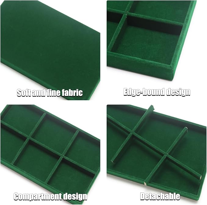 Velvet Jewelry Trays for Drawers, Dark Green Stackable Jewelry Drawer Organizer Inserts, Ring Earring Necklace Bracelet Holder Organizer Storage Display Tray with Removable Dividers, 6 Grids