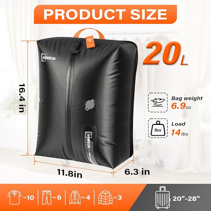 3 Pack Bag with Vacuum Travel for Suitcase, 20L Overpack Vacuum Bags w/Pump | IP68 Waterproof Compression Bags For Carry On Luggage&Backpacks, Reusable Nylon Vacuum Seal Bags For Clothing Travel Kit