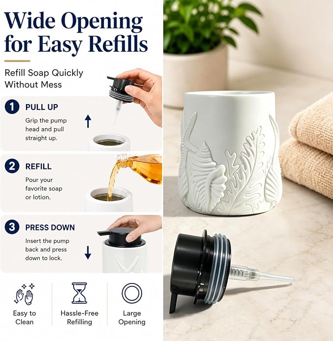 Resin Soap Dispenser, Coastal Starfish & Seashell, 12 oz | Refillable bathroom soap dispenser with durable resin body and coastal starfish and seashell design for hand soap or lotion