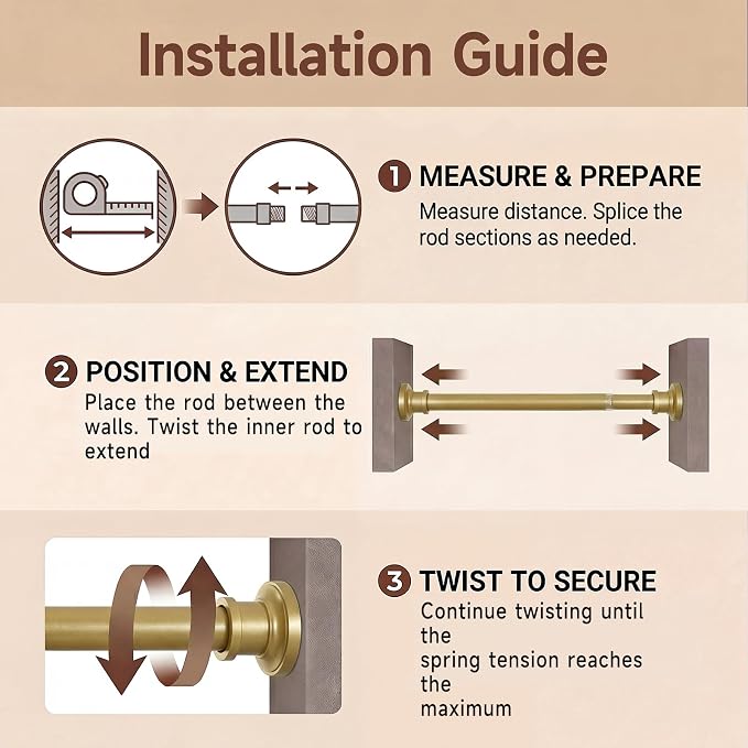 BRIOFOX Gold Tension Curtain Rod 24 to 110 Inch(2-9.1ft) - Stainless Steel Spring Tension Shower Curtain Rod, No Drilling Satin Gold Tension Rod for Curtains or Windows