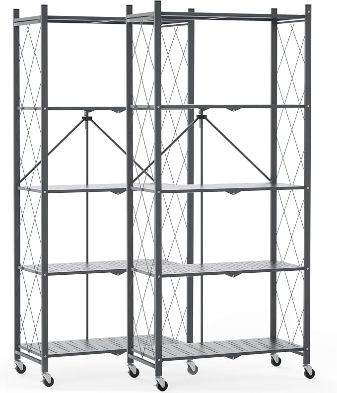 DEANIC 70.7" Tall Extra Large 5-Tier Folding Storage Shelf with Wheels, No Assembly Collapsible Metal Rack with Leveling Feet for Garage, Pantry, Basement, Vendor Display, Kitchen(Black,2 Pack)