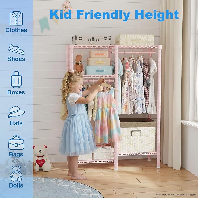 Ulif F1 Clothes Rack for Kids, Baby, Students, and Children's Room, 4 Tiers Portable Metal Closet Clothing Rack, Small Garment Rack with 2 Hanging Rod, 31.2" W x 11.8" D x 48" H, Pink